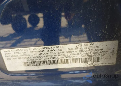 2006 Volkswagen Jetta Tdi z USA, uszkodzony, nr VIN 3VWST81K26M769794